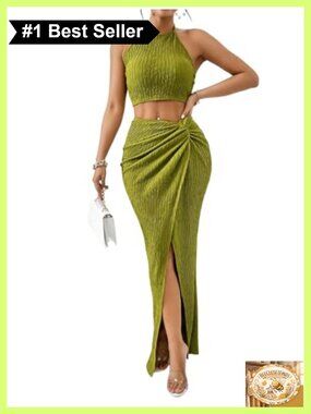Women's 2 Piece Textured Halter Crop Top and Split Maxi Skirt Set